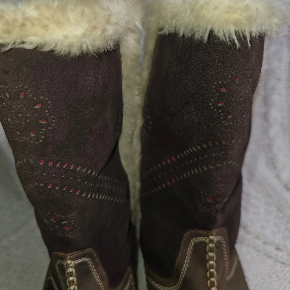 J-41‎ Naples Mid Calf Boots Winter Brown Suede Leather Faux Fur Lining Women 8M
